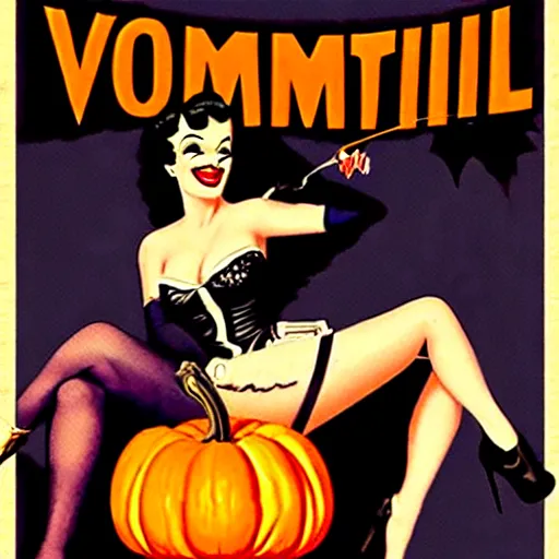 Prompt: a beautiful pinup vampire shopping for pumpkins, retro vintage pulp art movie poster,