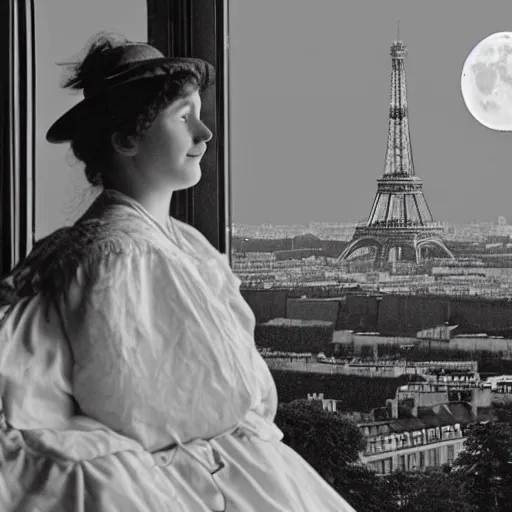 Prompt: a young edwardian woman sits in a window overlooking paris with the eiffel tower visible in the background, the moon is behind the eiffel tower, it's nighttime