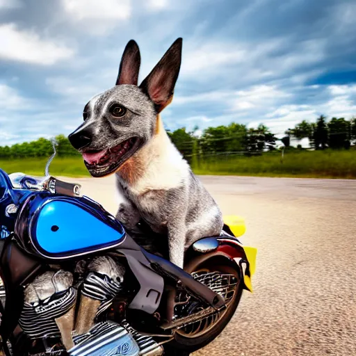 Image similar to blue heeler dog on a motorcycle, 8 k photography, blurred background of a wafflehouse