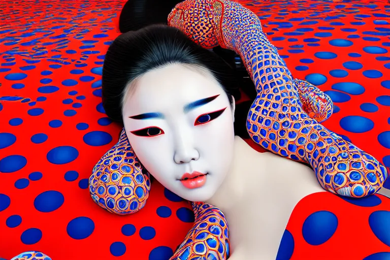 Image similar to hyperrealistic detailed image of a geisha laying in a art installation, high definition pattern design by yayoi kusama, part by kei mieno, part by alex gray, part by ross tran, part by james jean, ultra realistic, highly detailed, life like face, detailed body, 8 k, unreal engine 5, very cohesive