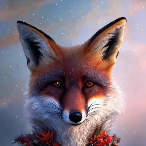 Prompt: fox wearing a wreath, fantasy art, trending on artstation