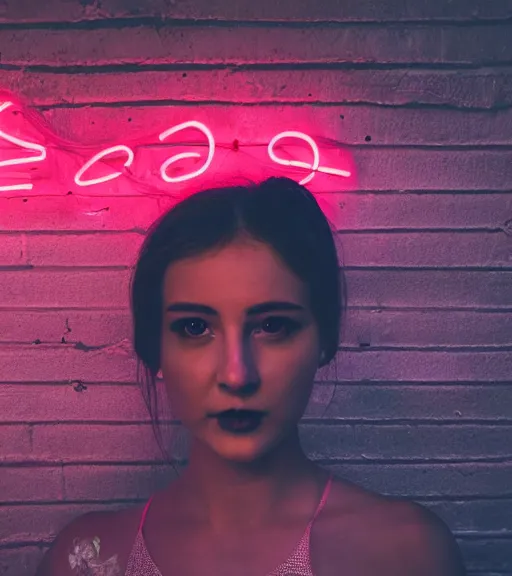 Image similar to portrait of young woman lowlight neon lights, cinematic,4k,35mm,street photo, epic