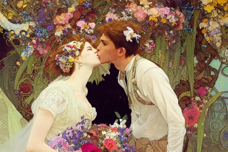 Image similar to the groom kisses the bride at a wedding full of flowers, bright and happy, dreamlike art, highly detail, 4 k realistic, wedding photoy krenz cushart. artem demura. alphonse mucha. yoji shinkawa artgerm. jon lothian. danilo torres. adi meyers. thomas reimann. gaston bussiere.