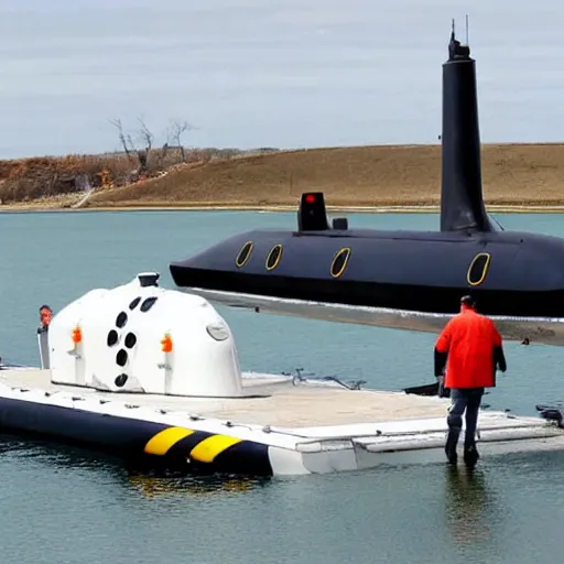 Prompt: mini navy submarine being transported on the back of a trailer