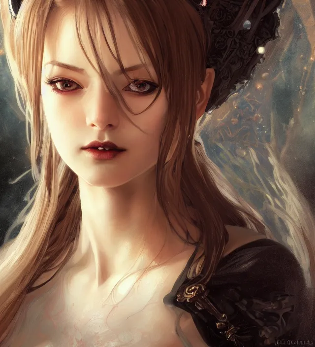 Image similar to portrait of of young beautiful female princess, d & d, centered face, gothic dress, elegant, flat lighting, intricate, highly detailed, digital painting, artstation, concept art, smooth, sharp focus, illustration, closeup, misa amane, art by simon bisley and greg rutkowski and alphonse mucha, natural tpose