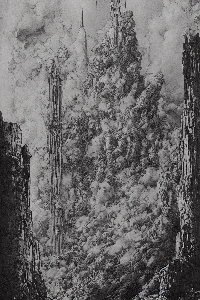Prompt: artwork by Franklin Booth showing the fall of the tower of Babylon, explosion, smoke, moonshine