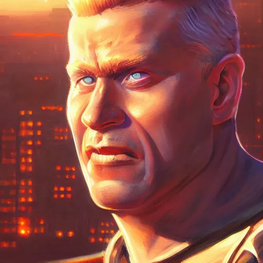 Prompt: a closeup portrait of duke nukem, dramatic light, city background, sunset, high contrast, sharp, painted by stanley lau, painted by greg rutkowski, painted by stanley artgerm, masterpiece, digital art, trending on artstation