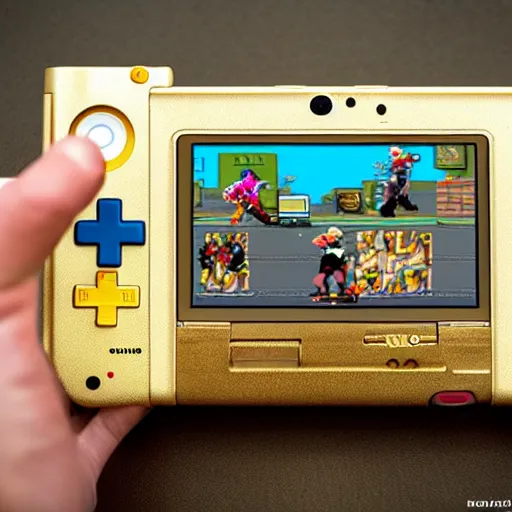 Image similar to a hyper, coherent photoshoot of a golden nintendo 3 ds system