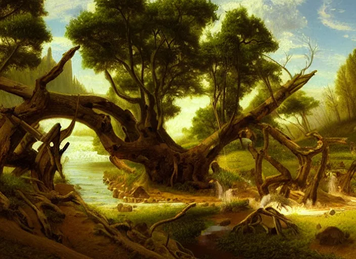 Image similar to first spring after the impact winter post - cretaceous paleogene extinction event, life is starting to adapt to a changed world, in the style of hudson river school of art, oil on canvas