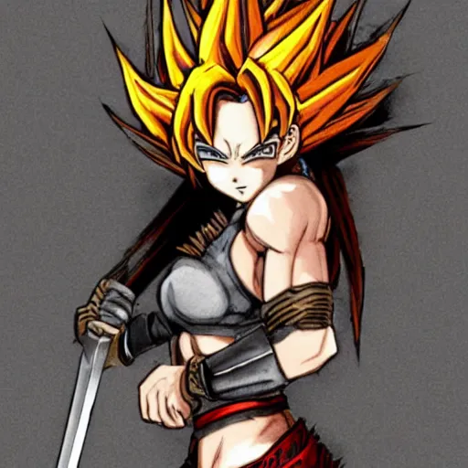 Image similar to realistic art style, ultra - detailed, saiyan girl, wild spiky red hair, long spiky hair, electrified hair, holding scimitar made of bone, scimitar, sword, jagged sword, curved sword, orkish sword, colorized, gray skin, hyper - detailed, primeval fantasy, prehistoric fantasy, drawn by frank frazetta and boris vallejo