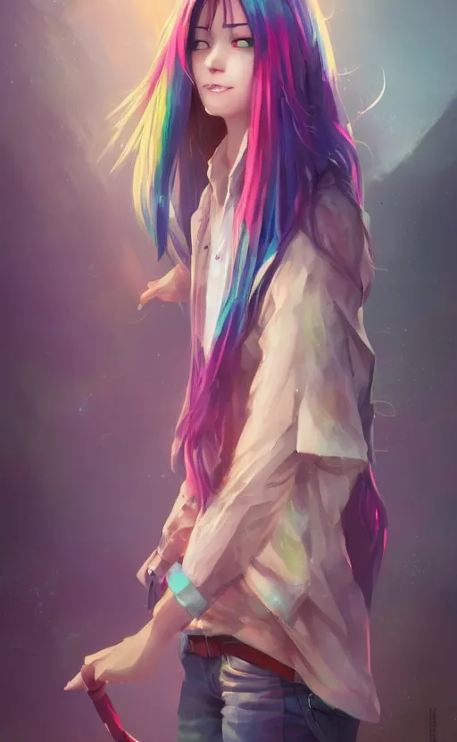 Image similar to a kawaii woman with rainbow hair, soft eyes and narrow chin, dainty figure, long hair straight down, kawaii shirt and jeans, In style of by Jordan Grimmer and greg rutkowski, concept art, highly detailed