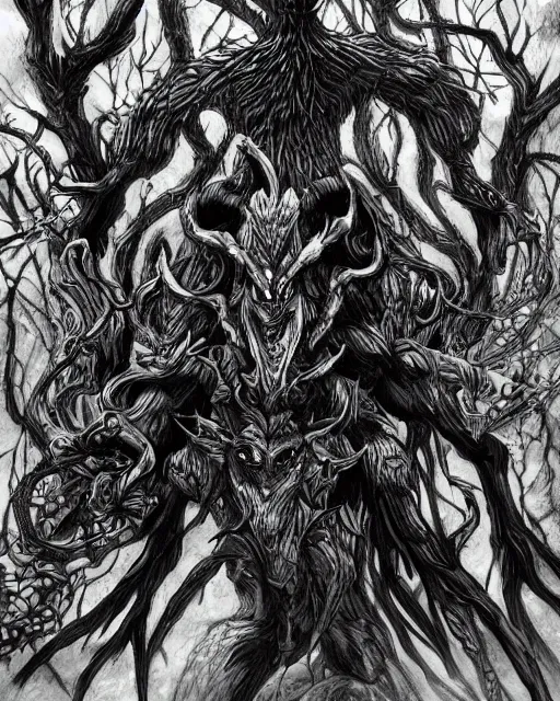 Prompt: A forest elemental, terrifying, black and white, fantasy art, monster art, in the style of masami kurumada, illustration, epic, fantasy, intricate, hyper detailed, artstation, concept art, smooth, sharp focus, ray tracing