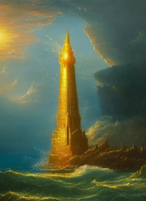 Image similar to a delicate sparkling gold fantasy tower splashes upwards from a turbulent ocean, dramatic lighting, rich colors, sunlight shimmering off the tower and the water and the spray, beautiful painting by Thomas Cole