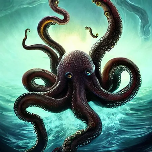 Image similar to an eldritch octopus holding swords in its tentacles, rising up out of water, fantasy art, concept art, illustration, artstation award, atmospheric, dramatic, action, waves