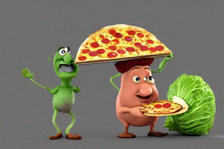 Image similar to cabbage character with pizza peel, royal walruss king wearing a crown, cooking pizza in a wood fired oven, highly detailed 3 d render, funny, surrealism, pixar