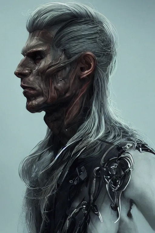 Prompt: a portrait of a toned male half human half mechanical with long white hair and with joints with visible joints by greg rutkowski, sung choi, mitchell mohrhauser, maciej kuciara, johnson ting, maxim verehin, peter konig, bloodborne, 8 k photorealistic, cinematic lighting, hd, high details, dramatic, dark atmosphere, trending on artstation