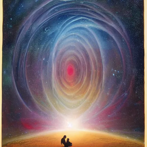 Prompt: brilliantly colored lithograph of a couple standing before a celestial spiral | background in the style of painting of the cosmos in the style of a photo taken by the Hubble telescope