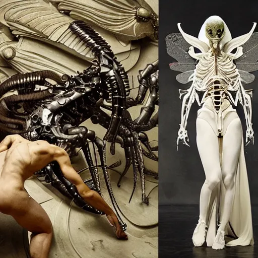 Prompt: still frame from Prometheus movie by Makoto Aida, flying biomechanical angel gynoid by giger, mimicking devil's dragon flower mantis, metal couture by neri oxmn and Guo pei, editorial by Malczewski and by Caravaggio