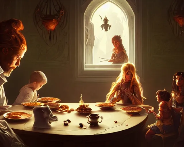 Prompt: a ghost looking at a family eating dinner, deep focus, d & d, fantasy, intricate, elegant, highly detailed, digital painting, artstation, concept art, matte, sharp focus, illustration, hearthstone, art by artgerm and greg rutkowski and alphonse mucha