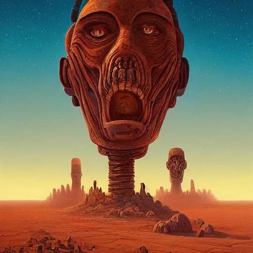 Prompt: beautiful painting of ancient colossal heads towering over wanderers in a desert of salt in the style of Simon Stålenhag and H. R. Giger, detailed, trending on Artstation