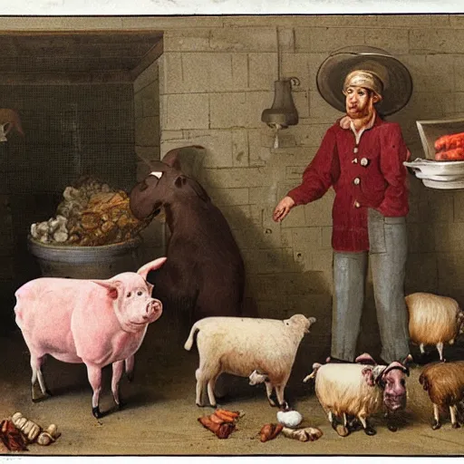 Image similar to butcher giving food to a dog, while being watched by a pig, a sheep, a chicken and a cow