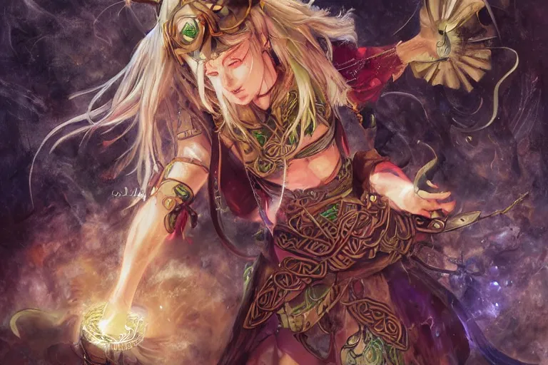 Prompt: celtic catgirl mage casting a spell, expressive oil painting, digital art, trending on artstation, highly detailed, by Yoshitaka Amano