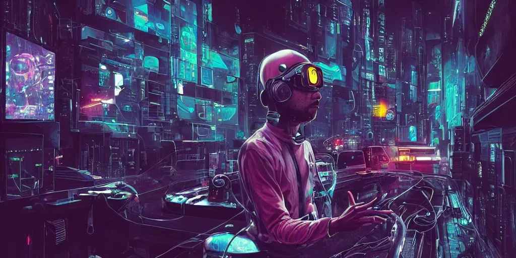 Prompt: a man in a helmet with headphones and glasses with leds, cyberpunk art by gaspar noe, trending on cgsociety, retrofuturism, reimagined by industrial light and magic, darksynth, sci - fi