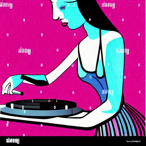 Image similar to vector style the abstract painting of an image of a lady DJ, playing live, artistic flat illustration, post apocalyptic, minimal figure art, soft colors mono chromatic, art in the style of Bryen Frost