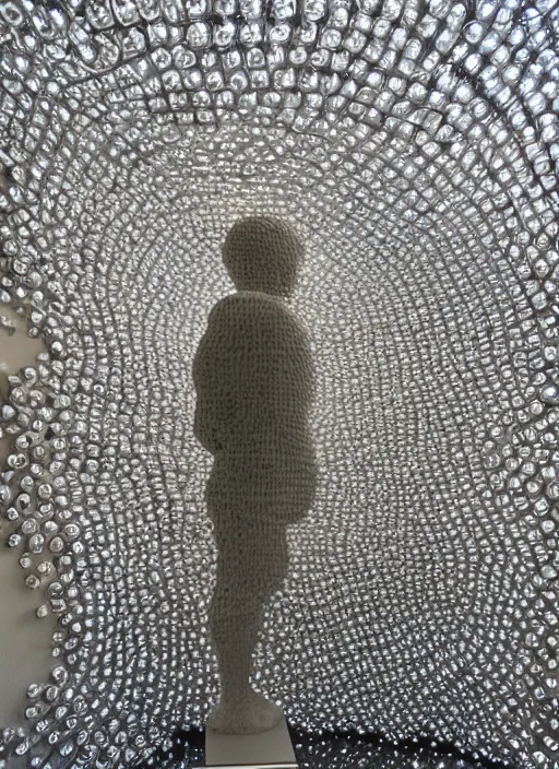 Prompt: a figurative sculpture made of five thousand tightly packed reflective spheres of various sizes