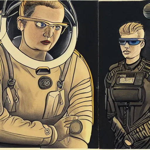 Prompt: detailed portrait of heroic square - jawed emotionless serious blonde butch woman starship engineer, tribal tattoos, with dark brass victorian goggles, handsome, short slicked - back hair, wearing ripped dirty flight suit, looking distracted, awkward, standing in front of small spacecraft, mike mignogna, david mack