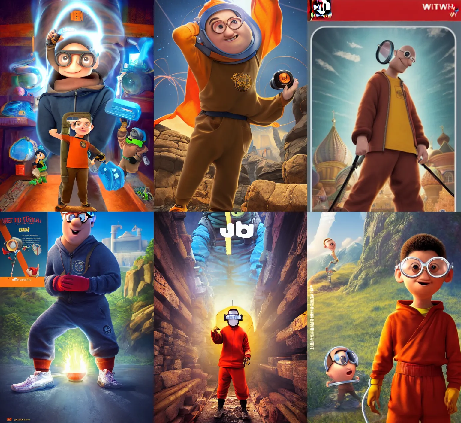 Prompt: full body portrait of a monk with welding goggles under the title and logo, wearing a hiking tracksuit, by Pixar, by Ubisoft, digital art, video game cover art for Nintendo Switch, red square in the upper left corner