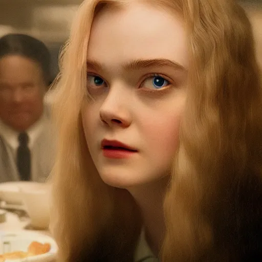 Image similar to Elle Fanning at a diner, head and shoulders portrait, stormy weather, extremely detailed masterpiece, Roger Deakin’s cinematography, oil on canvas, Da Vinci,