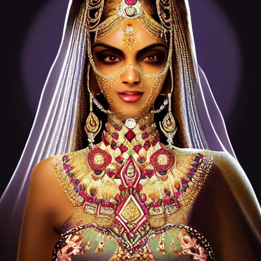 Prompt: portrait of wonderful indian princess of diamond with dark skin, ornate with diamonds, 8 k, gorgeous, intricate, detailed, glowing white accent lighting, dramatic lighting, octane render