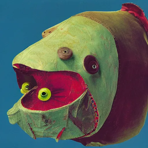 Prompt: photographic portrait of a wrinkly sad colorful anglerfish puppet face, by max ernst and alfred pellan