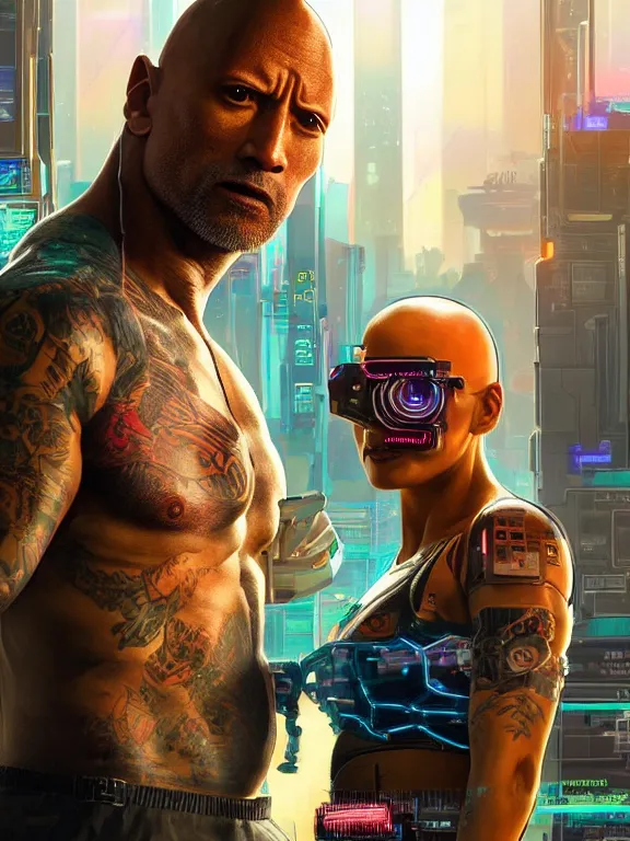 Prompt: a cyberpunk 2077 portrait of Dwayne Johnson holding a female android ,tango pose,complex mess of cables and wires behind them connected to giant computer, love moive,film lighting, by laurie greasley,Lawrence Alma-Tadema,William Morris,Dan Mumford, trending on atrstation, full of color,face enhance, highly detailed,8K, octane,golden ratio,cinematic lighting