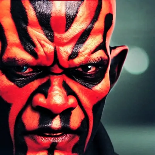 Image similar to a film still of samuel l. jackson starring in a blockbuster film as darth maul from star wars, shallow depth of field, cinematic, award winning cgi, vfx, film still