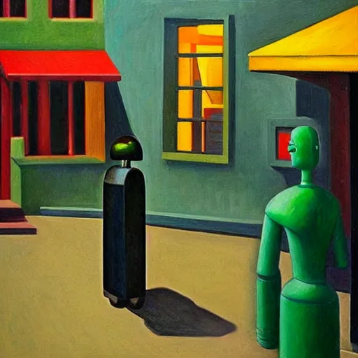 Image similar to robot cafe, blocky courtyard, grant wood, pj crook, edward hopper, oil on canvas