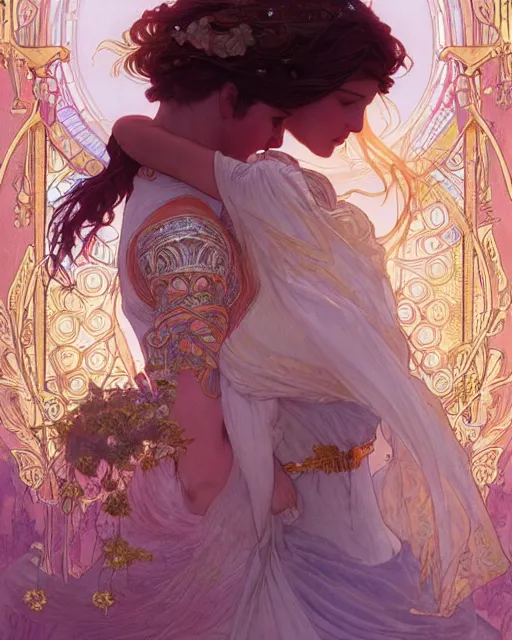 Image similar to the kiss | highly detailed | very intricate | art nouveau | gold filigree | romantic storybook fantasy | soft cinematic lighting | award - winning | watercolor painting by mandy jurgens and alphonse mucha and alena aenami | pastel color palette | featured on artstation