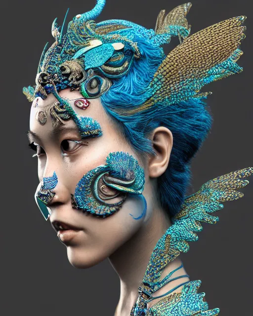 Image similar to 3 d warrior goddess close - up profile portrait. beautiful hyperrealistic intricate highly detailed chuu!! magpie helm and richly embroidered blouse, quetzalcoatl, bioluminescent, smolder, plasma, lava, ice, feather, windy, artwork by tooth wu and wlop and annie leibovitz, octane 3 d render