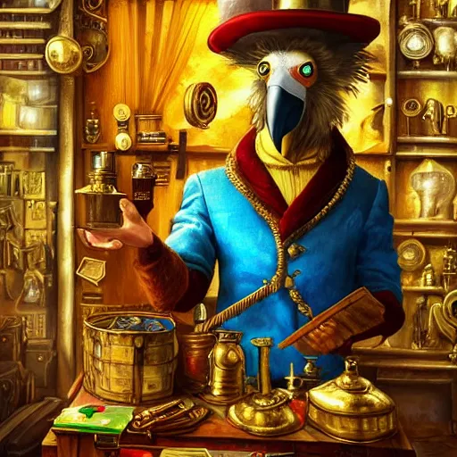 Image similar to A Anthropomorphized parrot trader in his shop, selling his wares, portrait, items, gold, carpet, window, sly expression, cunning expression, presenting wares, holding a gold bag, D&D, fantasy, intricate, cinematic lighting, highly detailed, digital painting, artstation, concept art, smooth, sharp focus, illustration, warm light, magic the gathering artwork, art by Akihiko Yoshida, Greg Rutkowski