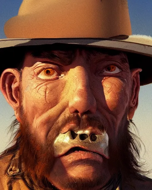 Prompt: a film still extreme close - up shot of a cowboy outlaw in a desert by esao andrews. trending on artstation