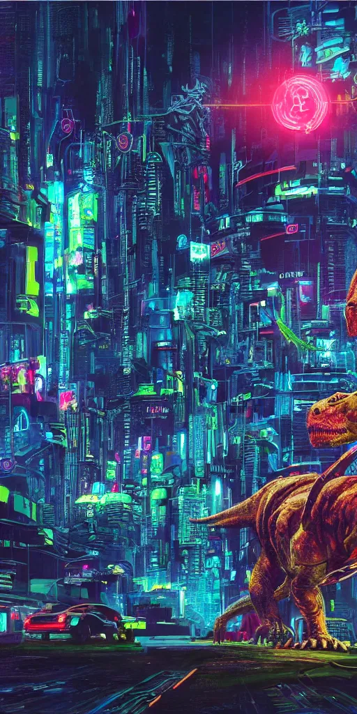 Image similar to a beautiful painting of a lush cyberpunk city with a single dinosaur grazing in the foreground by ridley scott, vivid colours, cinematic lighting, fine details, 8 k | | digital artwork made by greg rutswork, anna dittmann and lois van barlee, symmetrical neon rim light, anatomically correct