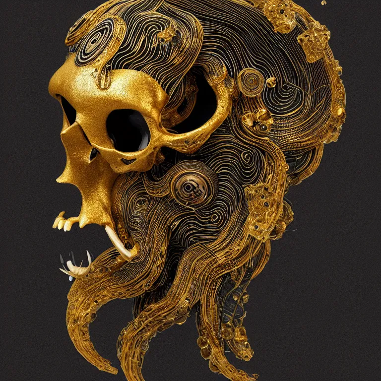 Image similar to black background. absolutely symmetrical sculpture. centered. goddess princess face close-up portrait ram skull. sculpture made of gold and black charcoal. jellyfish phoenix head, nautilus, orchid, skull, betta fish, bioluminiscent creatures, intricate artwork by Tooth Wu and wlop and beeple. octane render, trending on artstation, greg rutkowski very coherent symmetrical artwork. cinematic, hyper realism, high detail, octane render, 8k