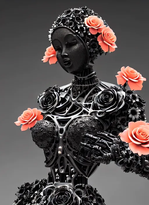 Image similar to elegant biomechanical black statue carrying perfume bottle made of corals, daisies, roses, well contoured smooth fair walls carrying perfume bottle, up close shot, sharp focus, global illumination, radiant light, alexandre ferra white mecha, irakli nadar, octane highly render, 4 k, ultra hd,