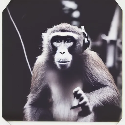 Image similar to a polaroid photo of a monkey with headphones