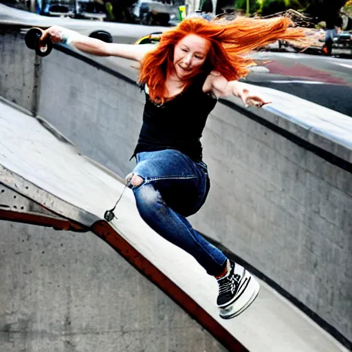 Prompt: tori amos pulls an amazing kick flip on her skateboard in san francisco, stunning sports photography