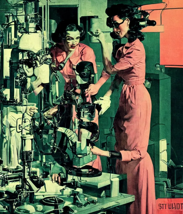 Image similar to a female mad scientist woman building a humanoid robot - man, in a darkly lit laboratory room, 1 9 5 0 s horror movie poster style, ( norman rockwell oil painting ), tight shot, close - up shot, retro science fiction, vintage, saturated pink and green lighting, shadowy lighting, cohesive