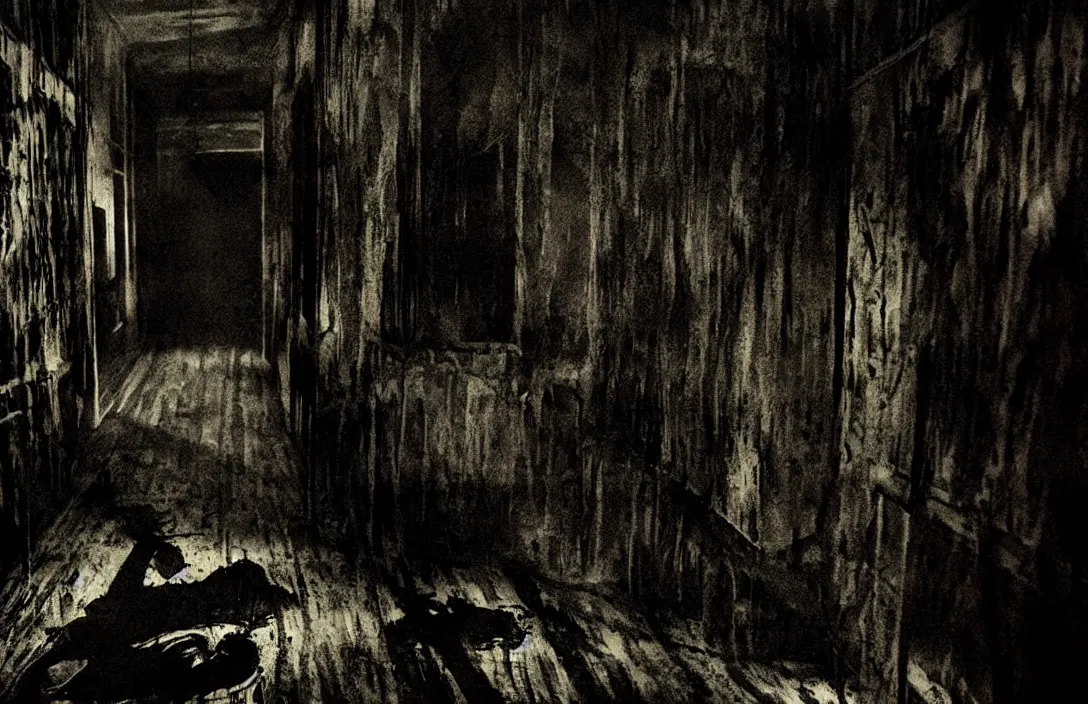 Image similar to painted without underdrawings wet crime scene gnarly line density is used for rendering light and shadow. intact flawless ambrotype from 4 k criterion collection remastered cinematography gory horror film, ominous lighting, evil theme wow photo realistic postprocessing sinister knights jan van der heyden