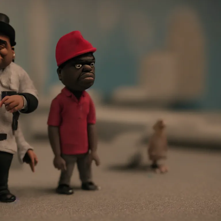 Prompt: a cinematic film still of a claymation stop motion film starring biggie smalls, shallow depth of field, 8 0 mm, f 1. 8