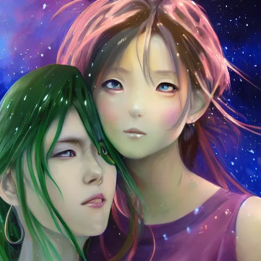 Prompt: A realistic anime painting of two beautiful cosmic girls with glowing green eyes and cosmic skin wearing dresses made out of the galaxy. digital painting. by Stanley Artgerm Lau, Sakimichan. WLOP. Makoto Shinkai. Rossdraws. Pixivs. digital render. trending on Pixiv. SFW version —H 1024